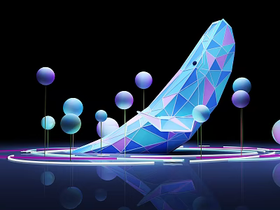 Polygonal Blue Purple Banana Shaped Object With Colorful Spheres And Glowing Rings 3d model