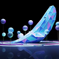 Polygonal Blue Purple Banana Shaped Object With Colorful Spheres And Glowing Rings