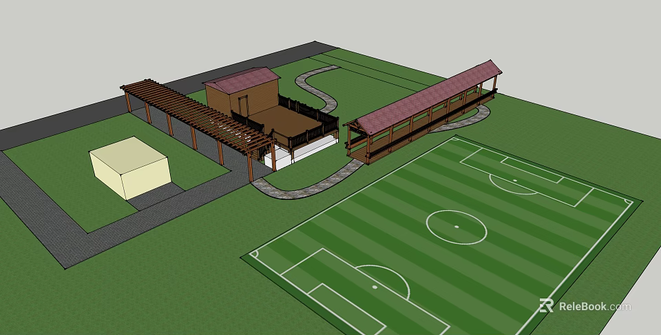 Wooden Pergola Structure With Covered Walkway Near Soccer Field And Building 3d model 