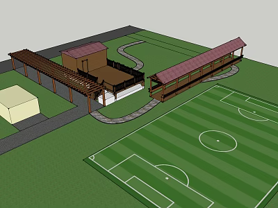 Wooden Pergola Structure With Covered Walkway Near Soccer Field And Building 3d model