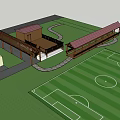 Wooden Pergola Structure With Covered Walkway Near Soccer Field And Building