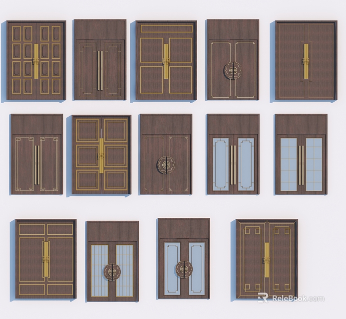 Wooden Double Doors With Golden Handles Glass Panels And Various Decorative Patterns 3d model 