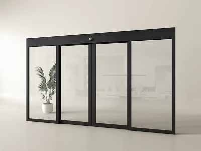 Modern Black Frame Glass Sliding Door With Clear Panels And Potted Plant 3d model
