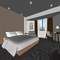 Modern Hotel Guest Room with Comfortable Bed White Bedding Striped Carpet and Writing Desk