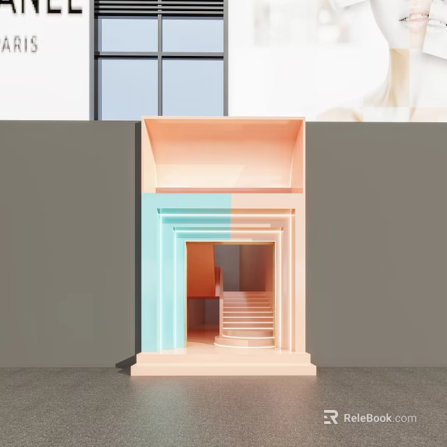 Modern Minimalist Storefront Design With Pink Blue Frames Layered Structure And Gray Window 3d model
