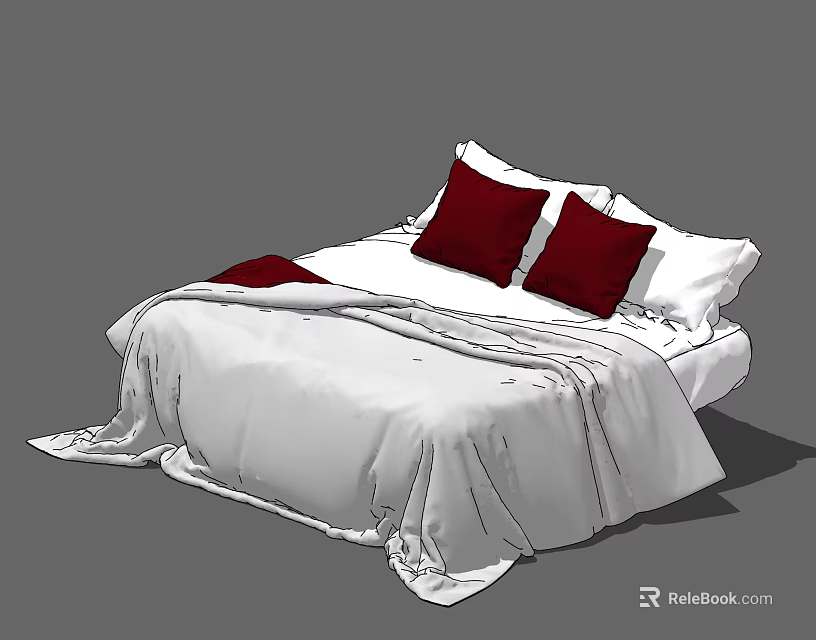 Double Bed With White Sheets Red Pillows And Soft Comforter In Minimalist Design 3d model 
