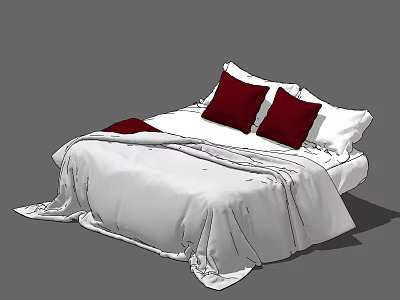 Double Bed With White Sheets Red Pillows And Soft Comforter In Minimalist Design 3d model