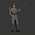 Man in Military Uniform With Vintage Hat Holding Rifle on Gray Background