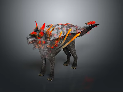 Fierce Wolf Shaped Creature With Red And Orange Flame Accents Spiked Back And Flame Tail 3d model