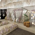 Elegant Banquet Hall Decor With Hanging Chandeliers Floral Arrangements And Gold Accents