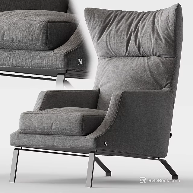 Modern Gray Single Sofa With Plush Padded Backrest Armrests And Metal Legs Design 3d model 