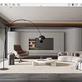 Modern Living Room Interior With Beige Sofa Brown Armchair And Arched Floor Lamp