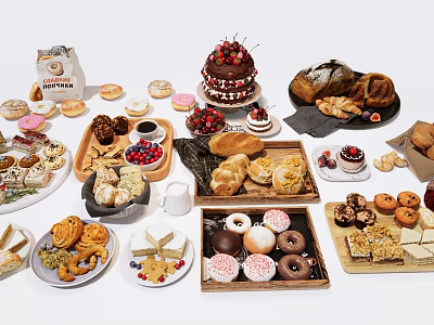 Assorted Fresh Bakery Desserts Including Cherry Cake Donuts Cookies And Bread Rolls 3d model