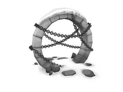 Stone Arch Structure Wrapped With Metal Chains And Surrounded By Scattered Stones 3d model