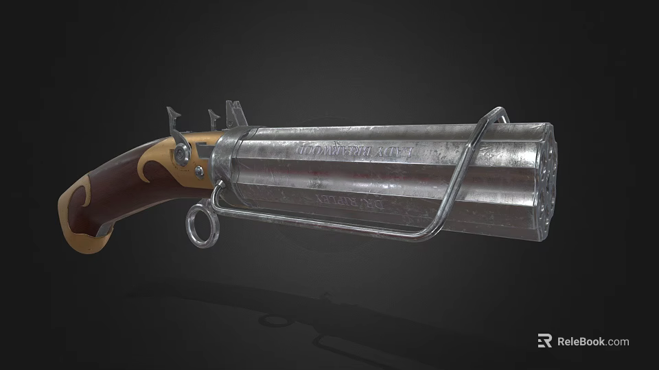 Vintage Firearm With Wooden Grip And Metal Barrel Featuring Engraved Text 3d model 