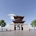 Ancient Chinese Architecture Structure With Multi Story Curved Eaves Stone Base Arched Gate And Trees