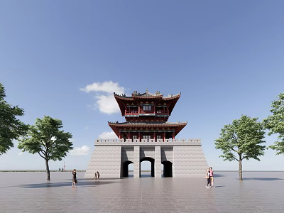 Ancient Chinese Architecture Structure With Multi Story Curved Eaves Stone Base Arched Gate And Trees 3d model