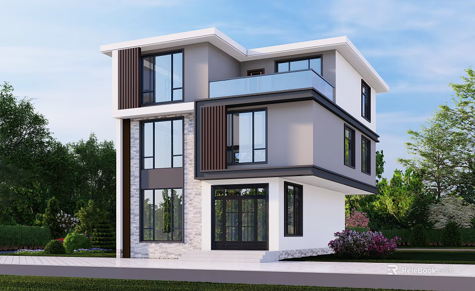 Modern Two Story Detached Villa With Large Windows Balcony And Green Surroundings 3d model 