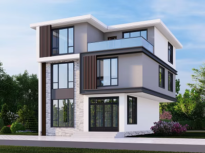 Modern Two Story Detached Villa With Large Windows Balcony And Green Surroundings 3d model