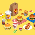 Assorted Fast Food Items Including Hamburgers Hot Dog Milkshake Onion Rings And Fries
