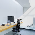 Modern Office Desk and Chair Set With Wooden Tabletop Black Chair Monitor Lamp and Keyboard