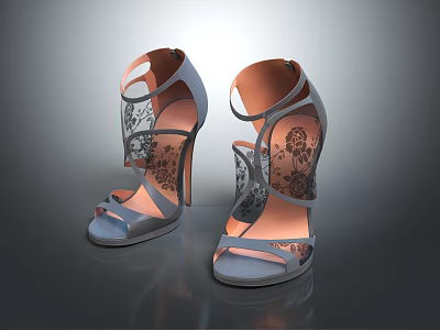 Elegant Women's High Heel Sandals with Cut Out Design and Floral Pattern Details 3d model