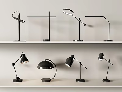 Modern Table Lamps With Various Styles Displayed On Two Layer Shelves 3d model