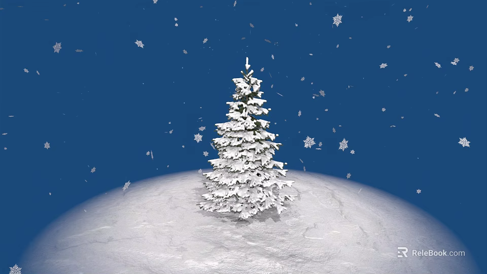 Snow Covered Pine Tree In Winter Scene With Falling Snowflakes And Deep Blue Sky 3d model 