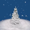 Snow Covered Pine Tree In Winter Scene With Falling Snowflakes And Deep Blue Sky