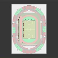 Sports Stadium Architecture with Red Green Stands Football Field Running Track Large Screens and Floodlights
