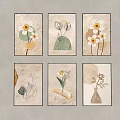 Six Minimalist Floral Paintings with Botanical Elements for Modern Home Wall Decor