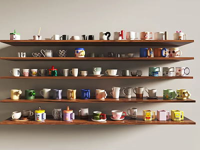 Multi tiered Wooden Shelves Showcasing Assorted Colored Mugs And Cup Collection 3d model