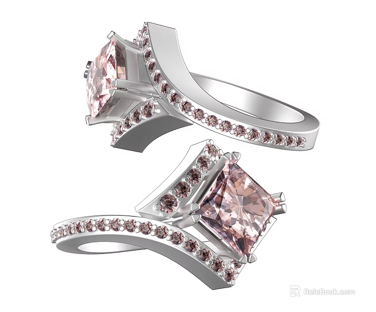 Stylish Silver Rings With Square Cut Pink Gemstones And Small Surrounding Stones 3d model 