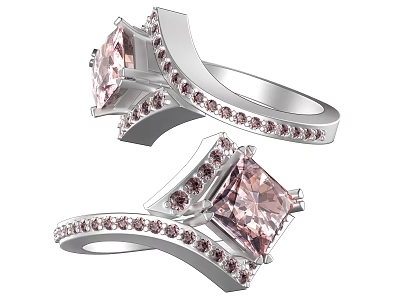 Stylish Silver Rings With Square Cut Pink Gemstones And Small Surrounding Stones 3d model