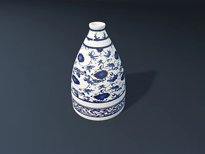 Traditional Chinese Ceramic Vessel with Blue and White Floral Bird Patterns and Elegant Conical Shape 3d model