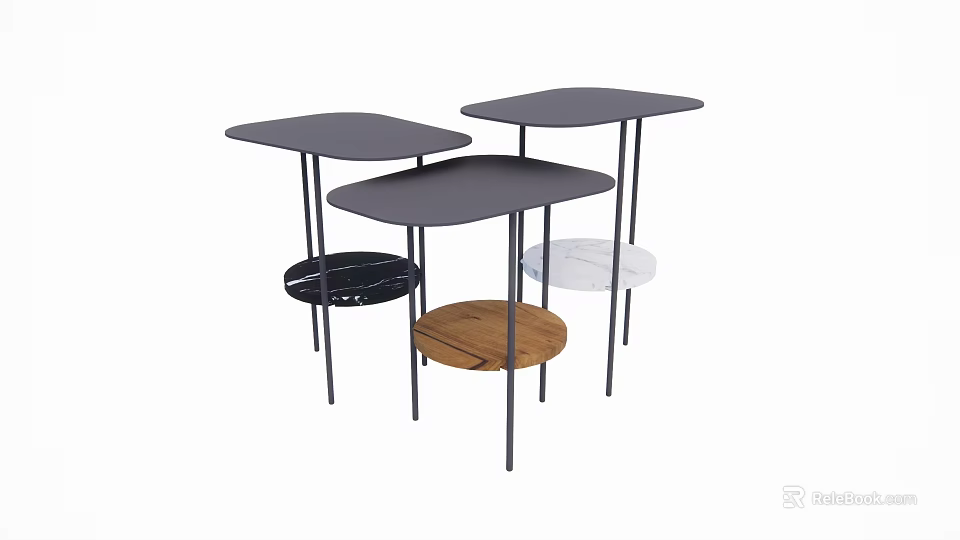 Modern Nested Side Tables With Black Tops Thin Metal Legs And Multi Material Shelves 3d model