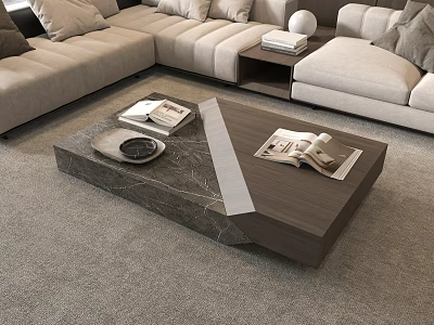 Modern Living Room Coffee Table Featuring Marble And Wood Top With Books And Tray 3d model