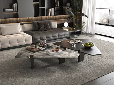 Modern Marble Coffee Table In Living Room With Leather Sofa Indoor Plant Books And Fruits 3d model