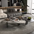 Modern Marble Coffee Table In Living Room With Leather Sofa Indoor Plant Books And Fruits