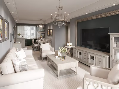 Elegant Living and Dining Room Interior With White Sofa Coffee Table And Chandelier 3d model