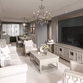 Elegant Living and Dining Room Interior With White Sofa Coffee Table And Chandelier