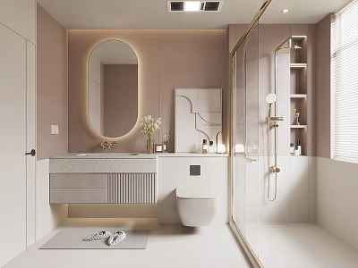 Elegant Modern Bathroom With Pink Walls Round Gold Frame Mirror White Vanity And Marble Countertop 3d model