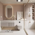 Elegant Modern Bathroom With Pink Walls Round Gold Frame Mirror White Vanity And Marble Countertop
