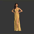 Elegant Woman Posing With Hands On Hips In Yellow Dress With Slit Against Gray Background