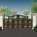 Classical Building Exterior With Ornate Metal Gate White Stone Pillars And Landscaped Greenery