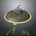 Alien Character And Extraterrestrial Being In UFO With Transparent Dome Green Ring And Colored Structures
