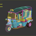Colorful Three Wheeled Motorcycle Taxi With Canopy And Colorful Flags Bright Blue Yellow Pink Design