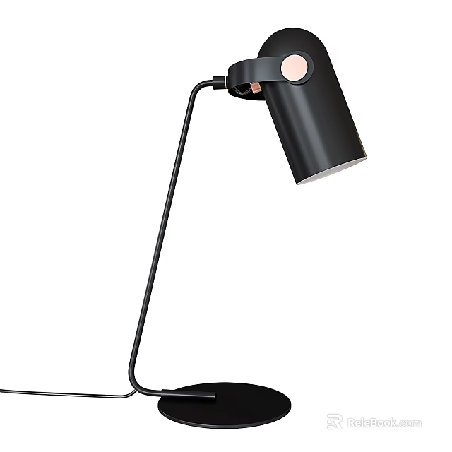 Modern Black Table Lamp with Curved Stand Cylindrical Head and Round Base 3d model 