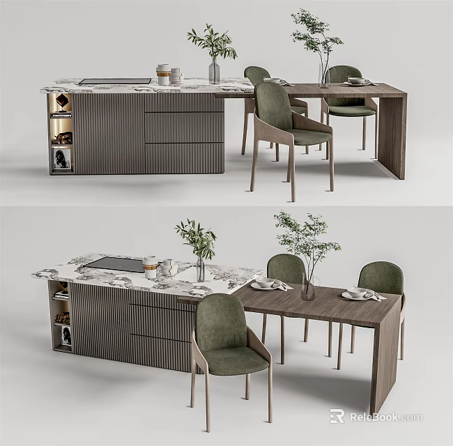 Elegant Modern Dining Table Set With Green Chairs Marble Top And Plants 3d model