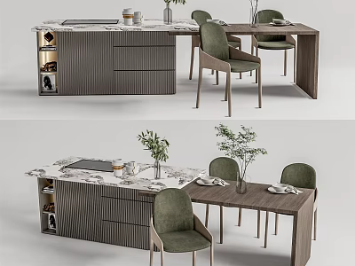 Elegant Modern Dining Table Set With Green Chairs Marble Top And Plants 3d model